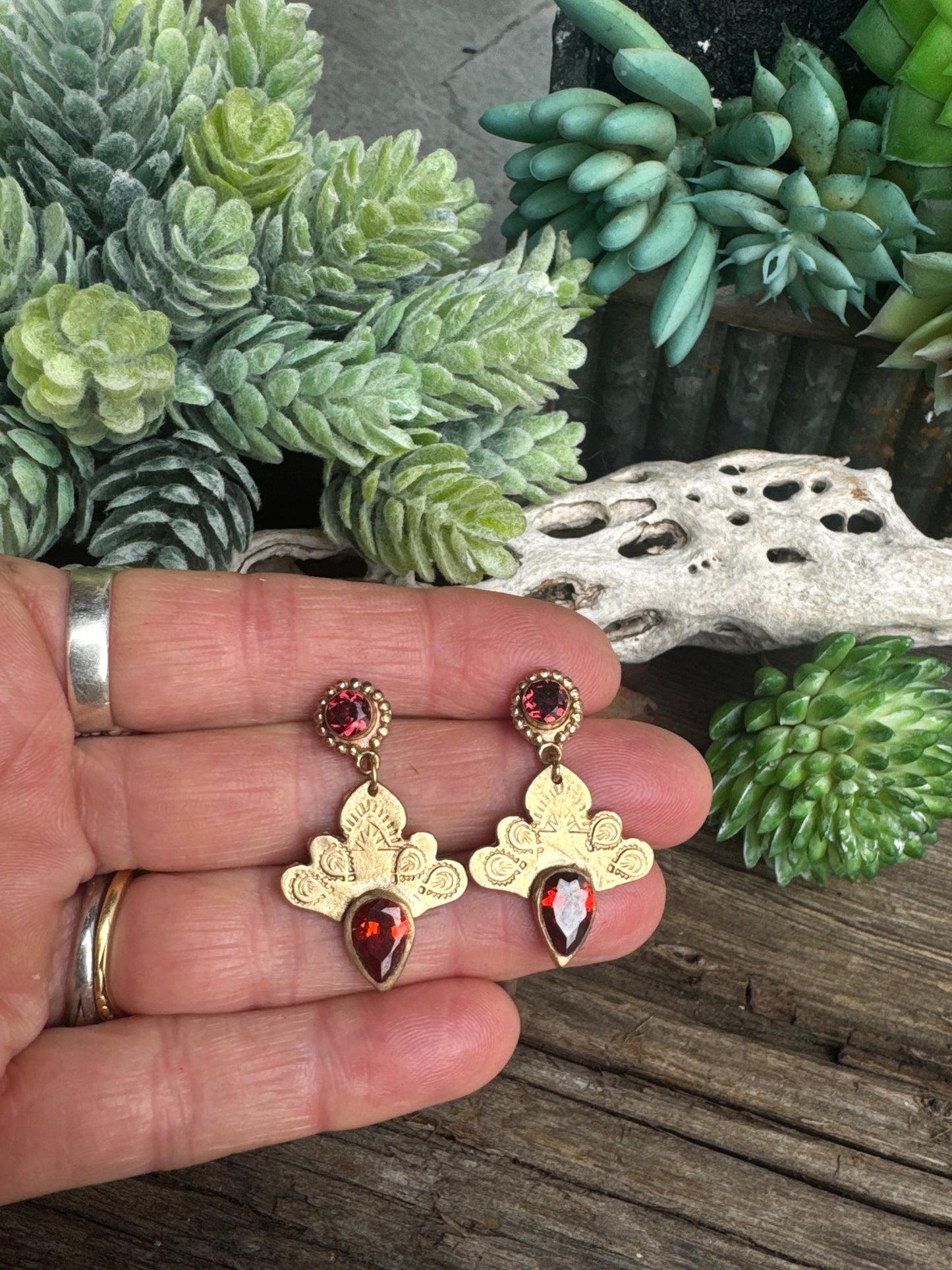 Sacred Garnet Earrings - Golden Bronze Faceted Garnet Drop Earrings