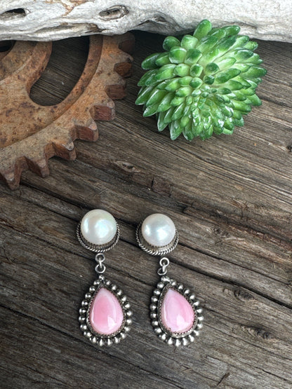 Mermaid's Blush Earrings - Freshwater Pearls Pink Queen Conch Shell Drop Earrings