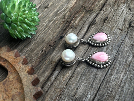 Mermaid's Blush Earrings - Freshwater Pearls Pink Queen Conch Shell Drop Earrings