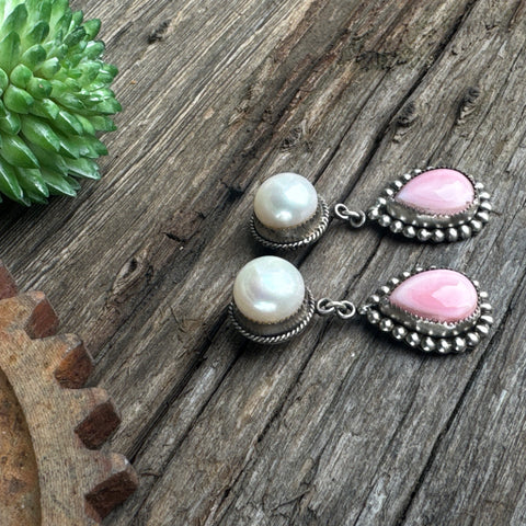 Mermaid's Blush Earrings - Freshwater Pearls Pink Queen Conch Shell Drop Earrings