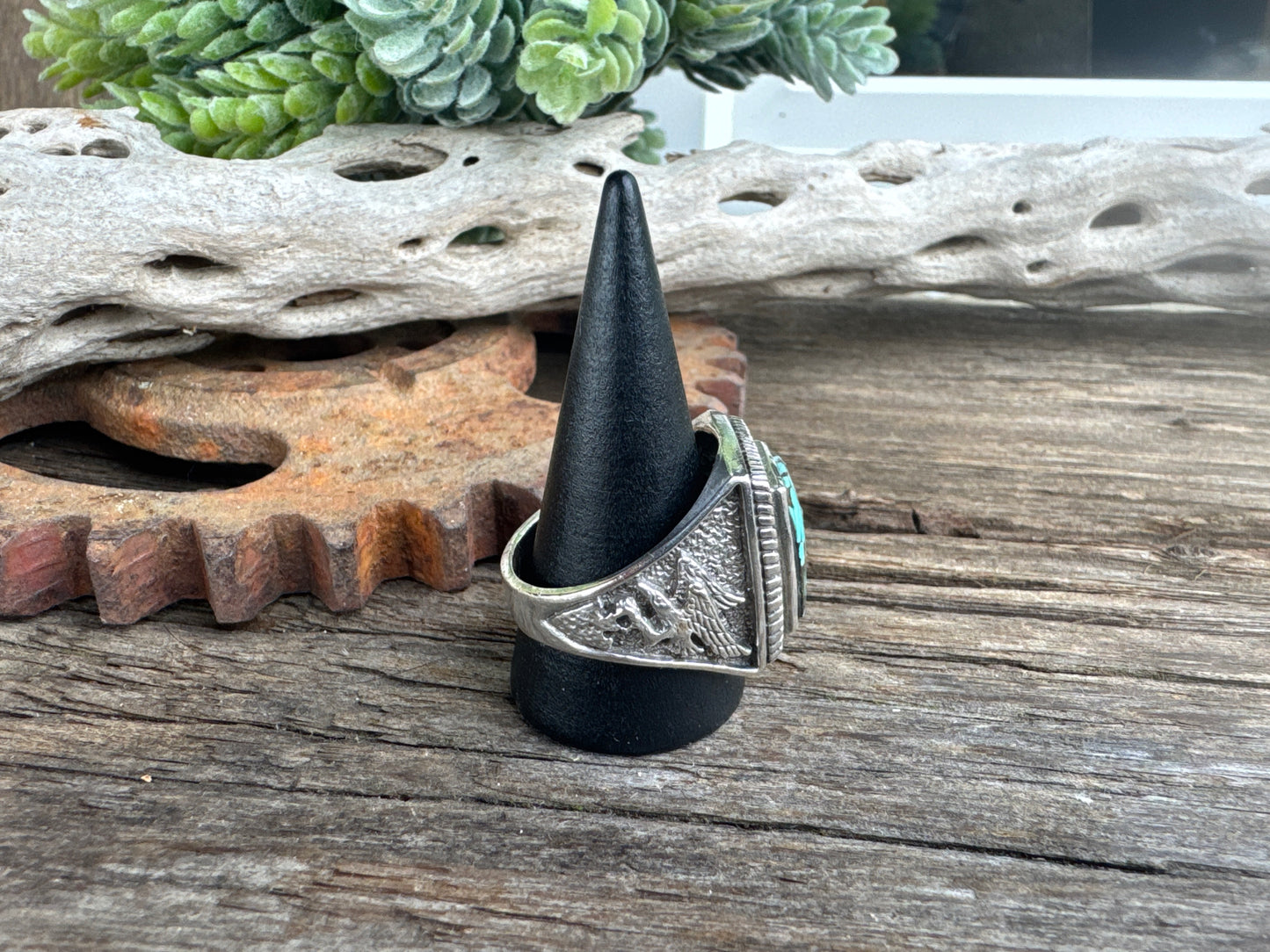 Turquoise Stronghold  Ring - Sterling Silver Turquoise Soaring Eagle Men's Style Ring