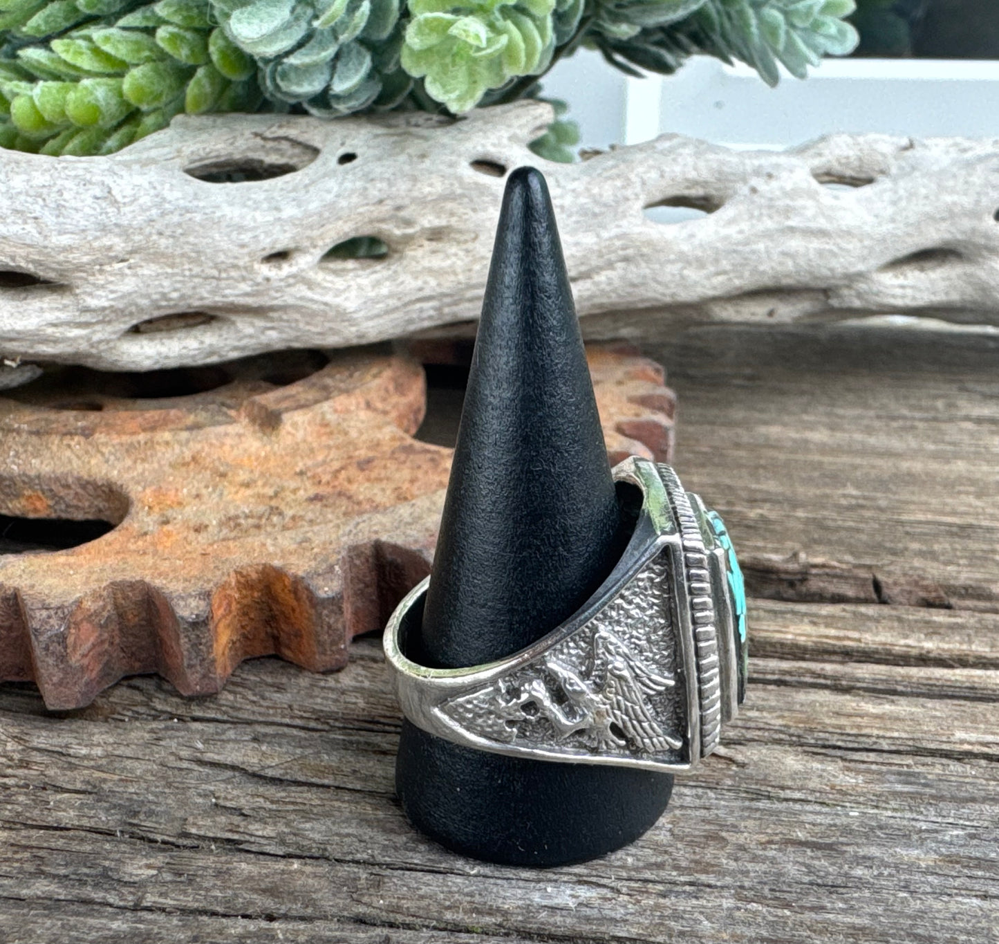 Turquoise Stronghold  Ring - Sterling Silver Turquoise Soaring Eagle Men's Style Ring