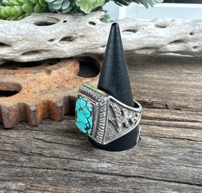 Turquoise Stronghold  Ring - Sterling Silver Turquoise Soaring Eagle Men's Style Ring
