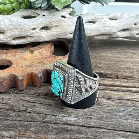 Turquoise Stronghold  Ring - Sterling Silver Turquoise Soaring Eagle Men's Style Ring
