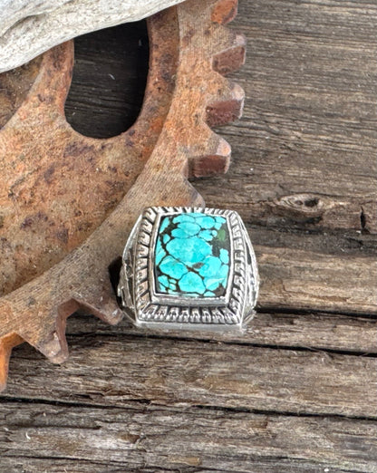 Turquoise Stronghold  Ring - Sterling Silver Turquoise Soaring Eagle Men's Style Ring