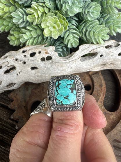Turquoise Stronghold  Ring - Sterling Silver Turquoise Soaring Eagle Men's Style Ring