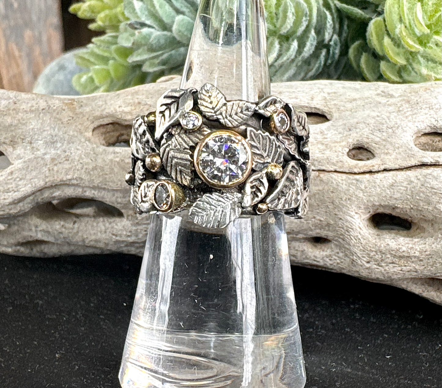 Garden of Eden Ring, Sterling Silver & 14k Yellow Gold With Moissanite