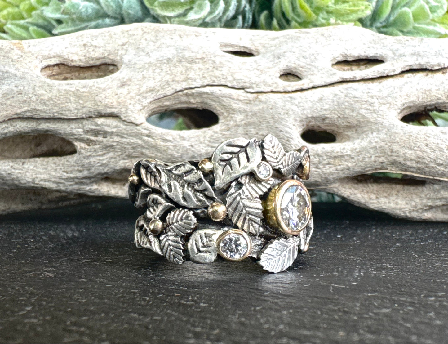 Garden of Eden Ring, Sterling Silver & 14k Yellow Gold With Moissanite