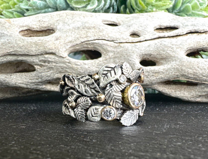 Garden of Eden Ring, Sterling Silver & 14k Yellow Gold With Moissanite