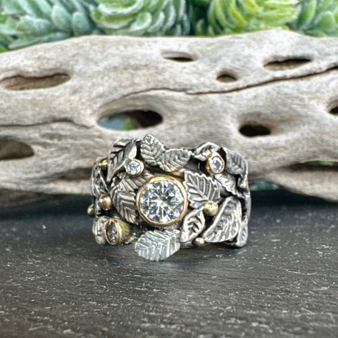 Garden of Eden Ring, Sterling Silver & 14k Yellow Gold With Moissanite