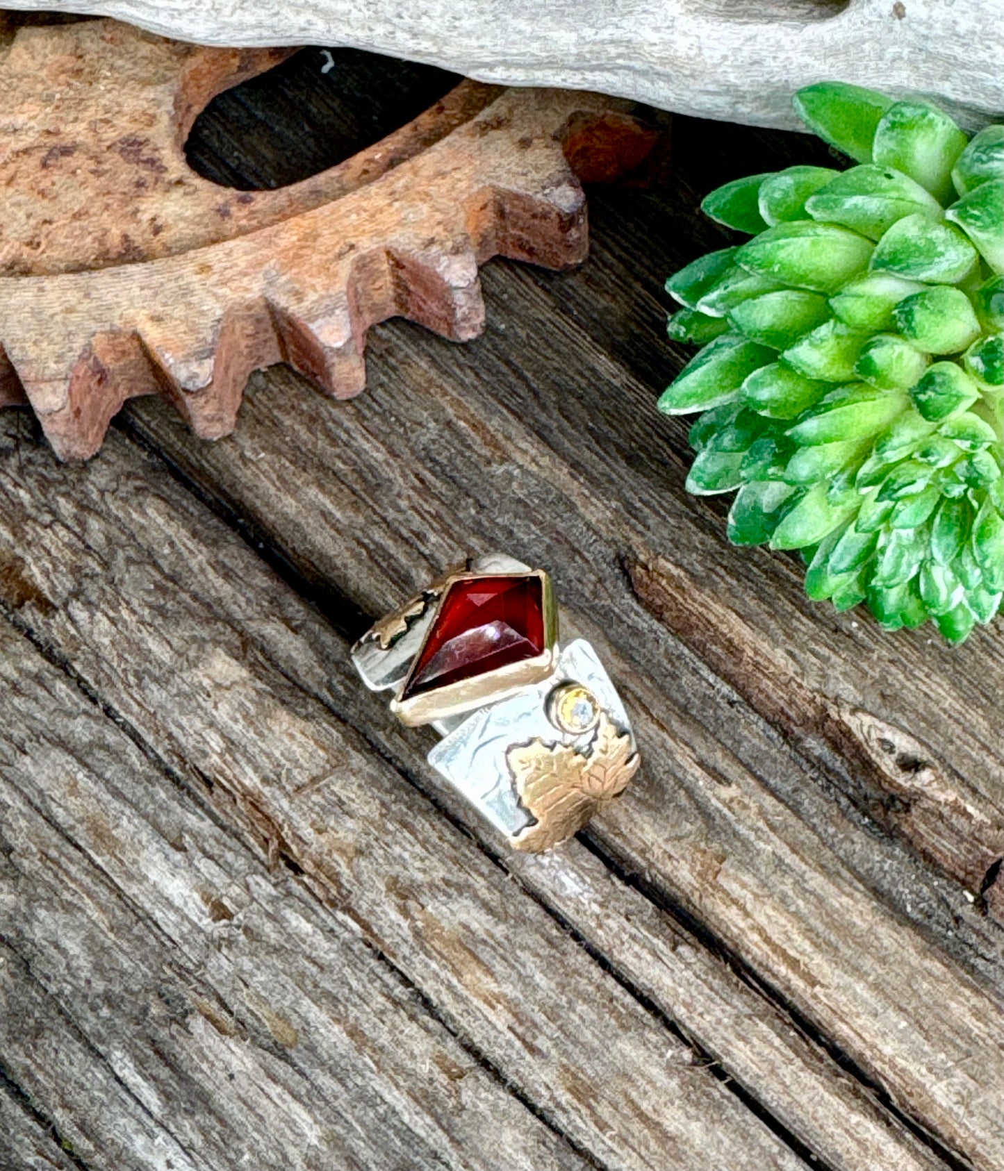 The Fall Equinox Ring - Sterling Silver And 14k Gold-filled Maple Leaves Garnet And Citrine Ring