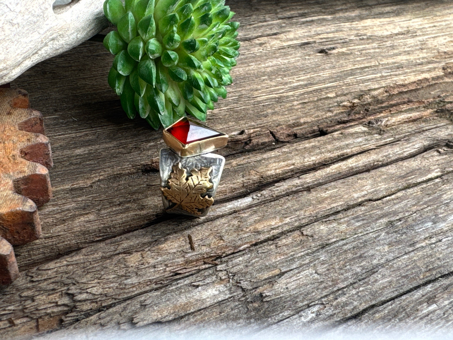 The Fall Equinox Ring - Sterling Silver And 14k Gold-filled Maple Leaves Garnet And Citrine Ring