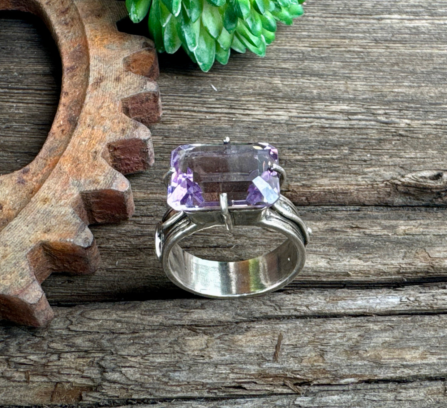 The Emperor Ring - Sterling Silver Emerald Cut Amethyst And Moissonite
