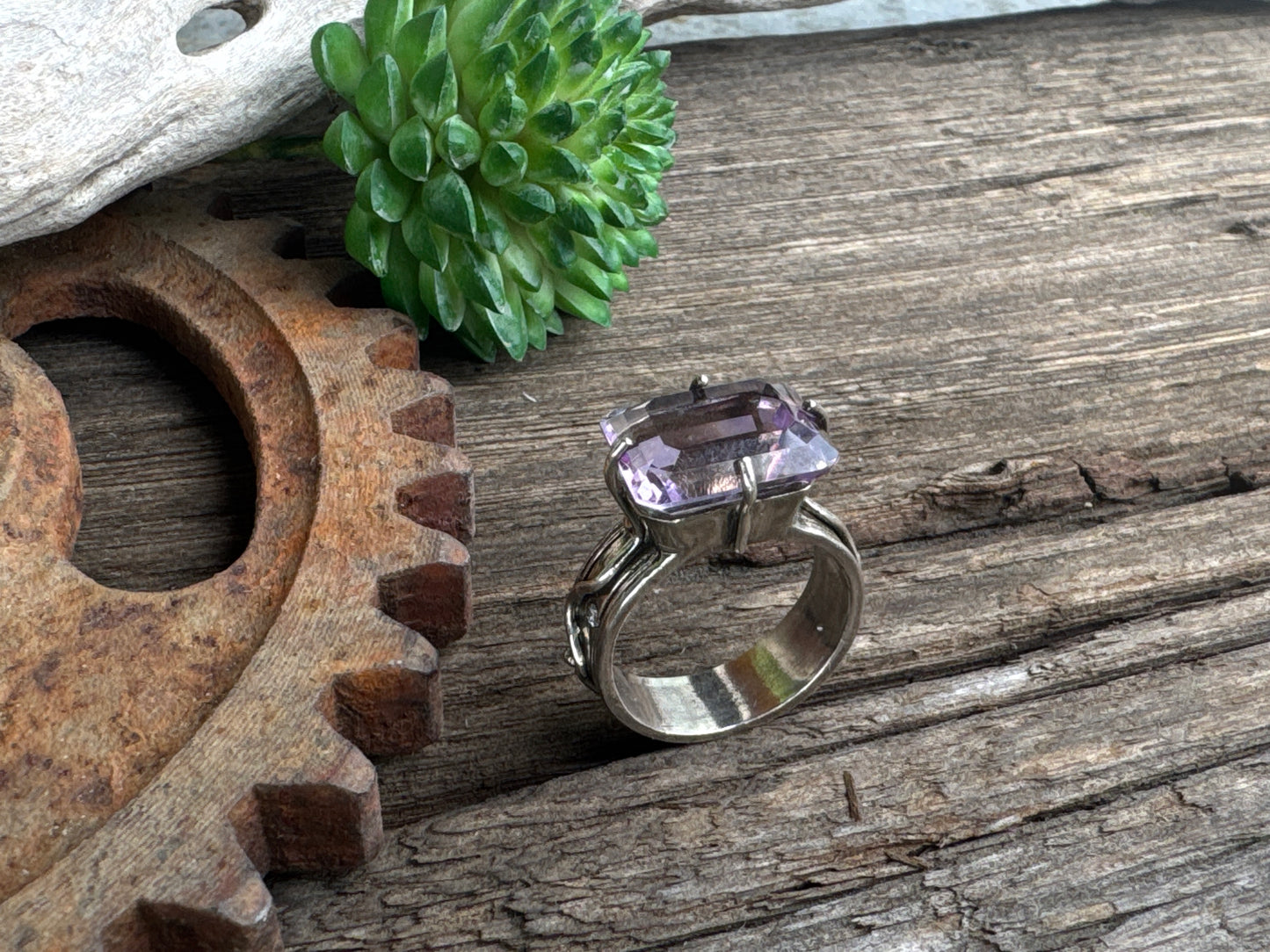 The Emperor Ring - Sterling Silver Emerald Cut Amethyst And Moissonite
