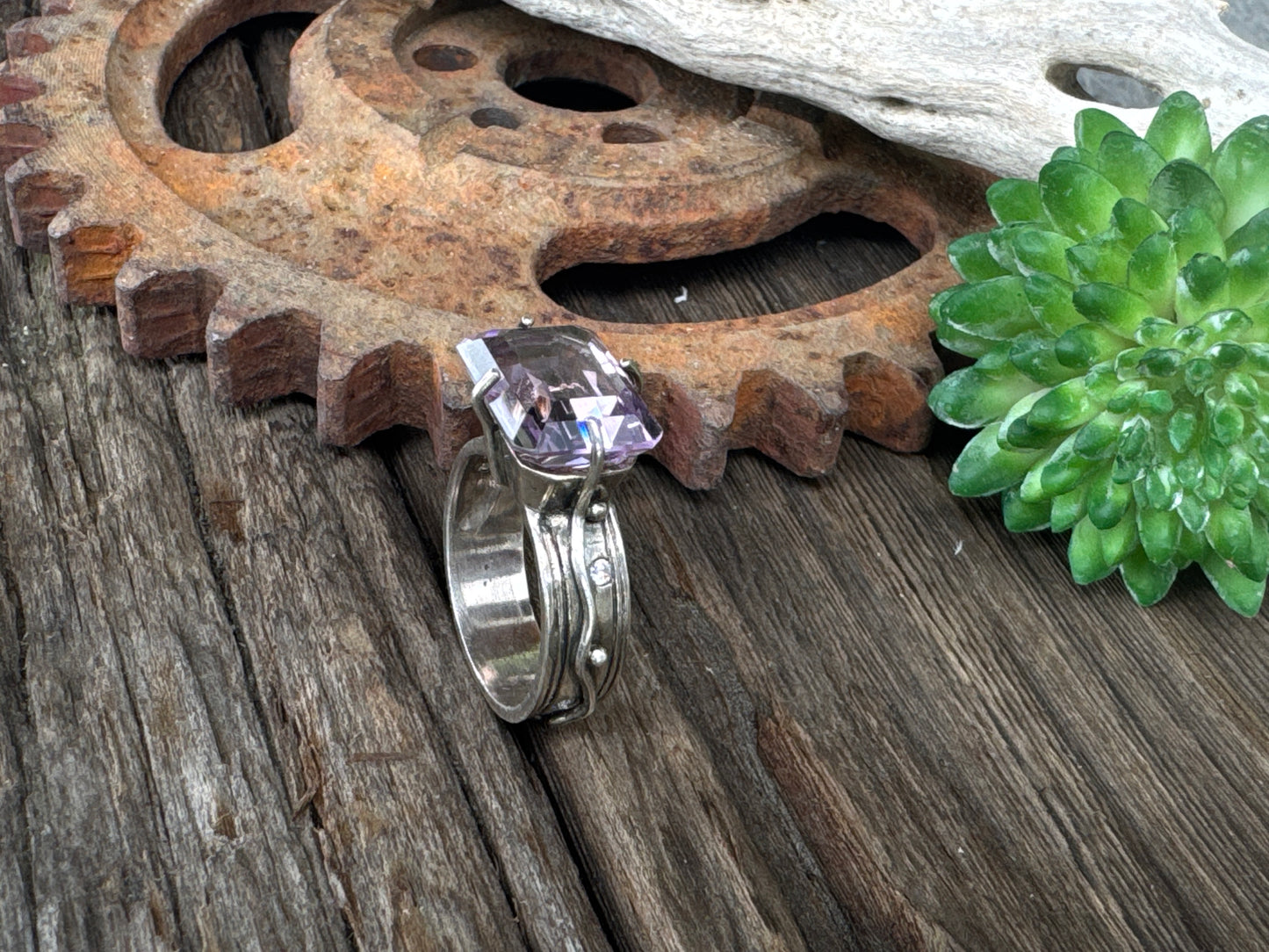 The Emperor Ring - Sterling Silver Emerald Cut Amethyst And Moissonite