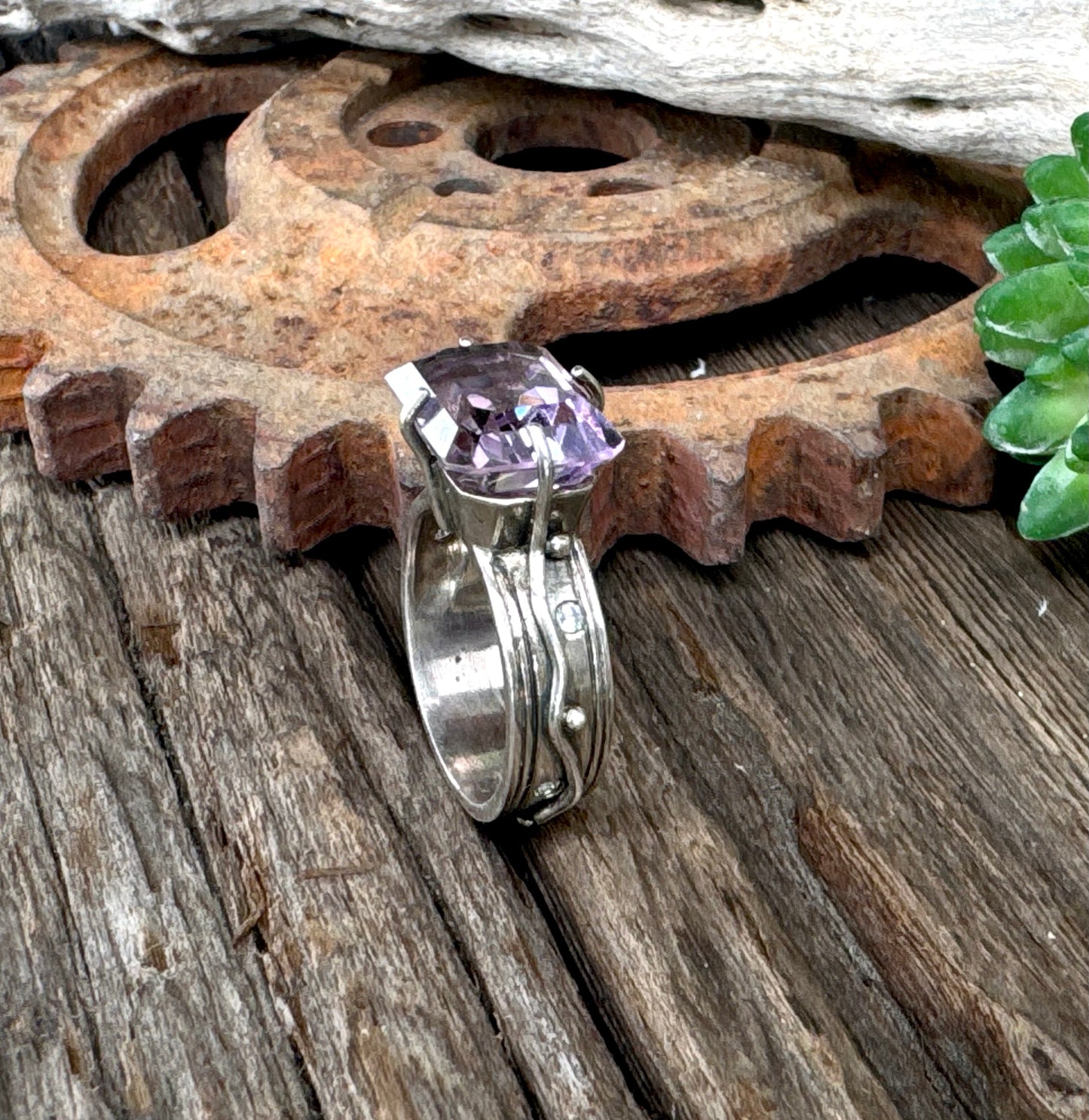 The Emperor Ring - Sterling Silver Emerald Cut Amethyst And Moissonite