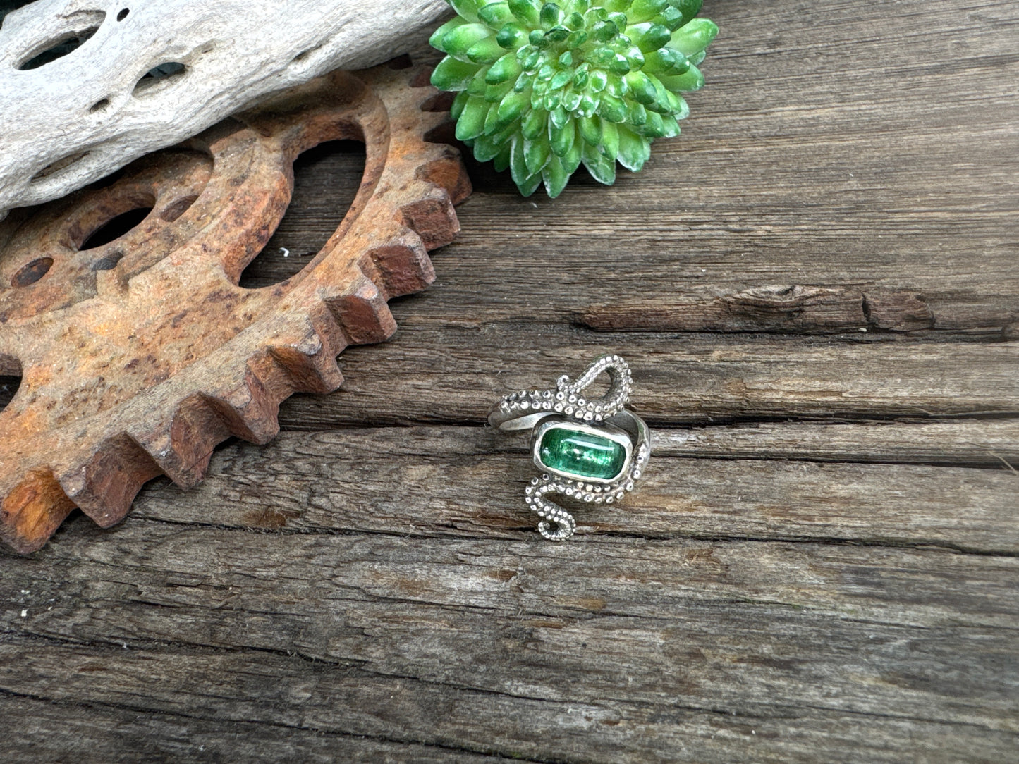 Tentacle Treasure Ring - Sterling Silver Green Tourmaline Octopus Tentacle Ring