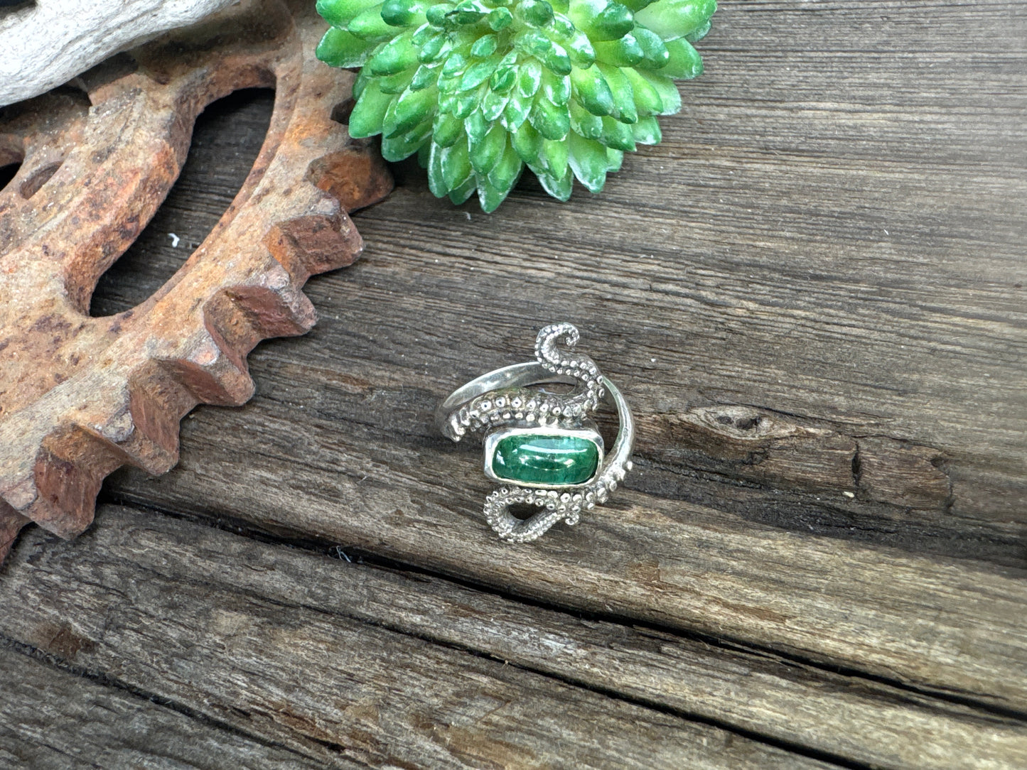 Tentacle Treasure Ring - Sterling Silver Green Tourmaline Octopus Tentacle Ring
