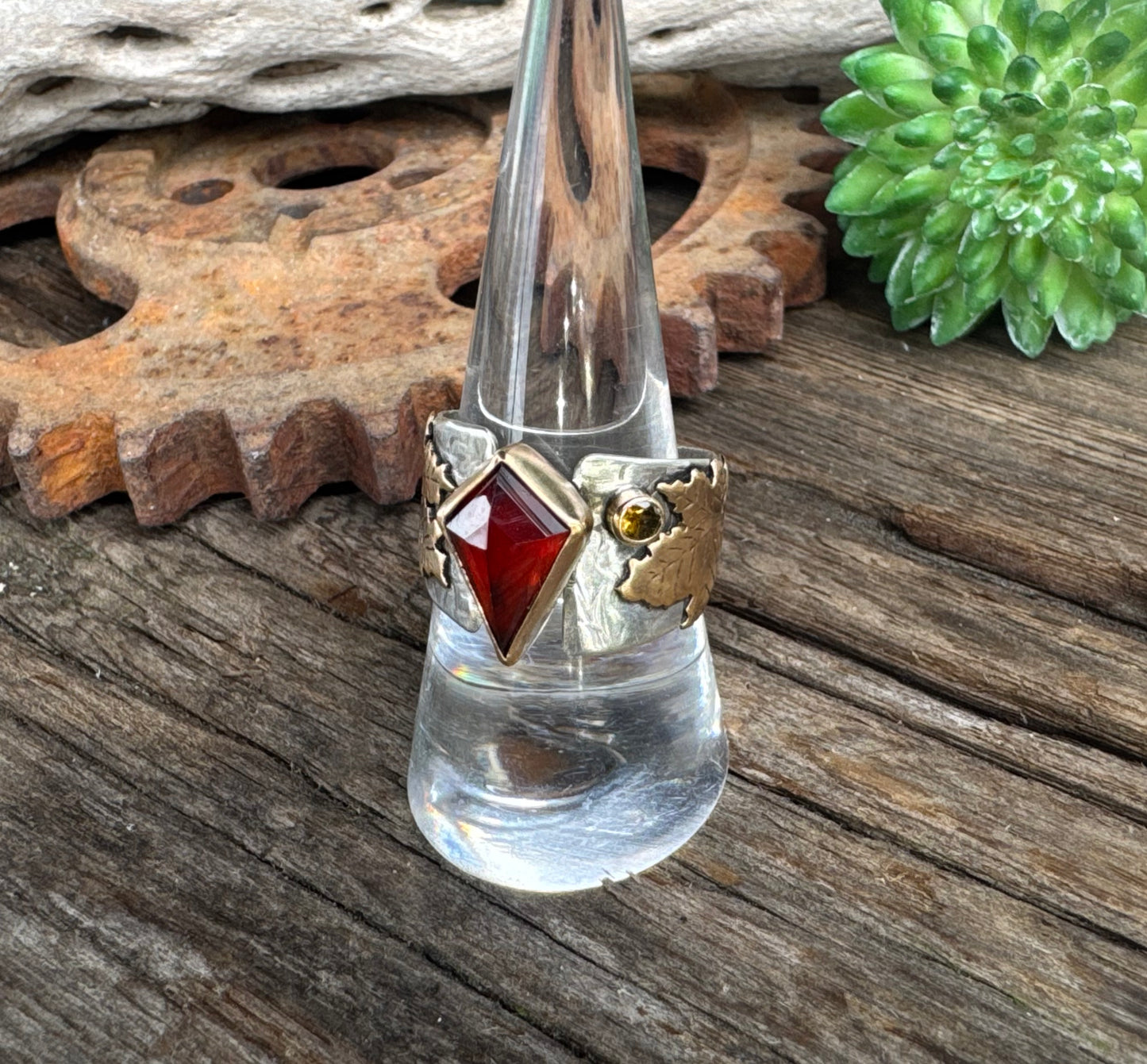 The Fall Equinox Ring - Sterling Silver And 14k Gold-filled Maple Leaves Garnet And Citrine Ring