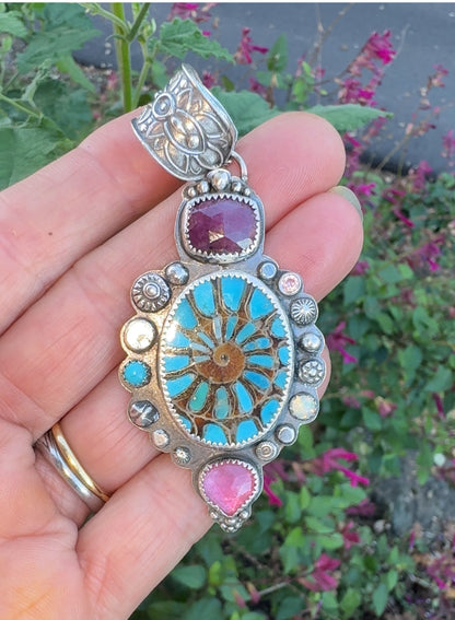 Desert Bloom Necklace - Turquoise Inlay Ammonite Sterling Silver With Sapphires Opal Kunzite Navajo Pearl