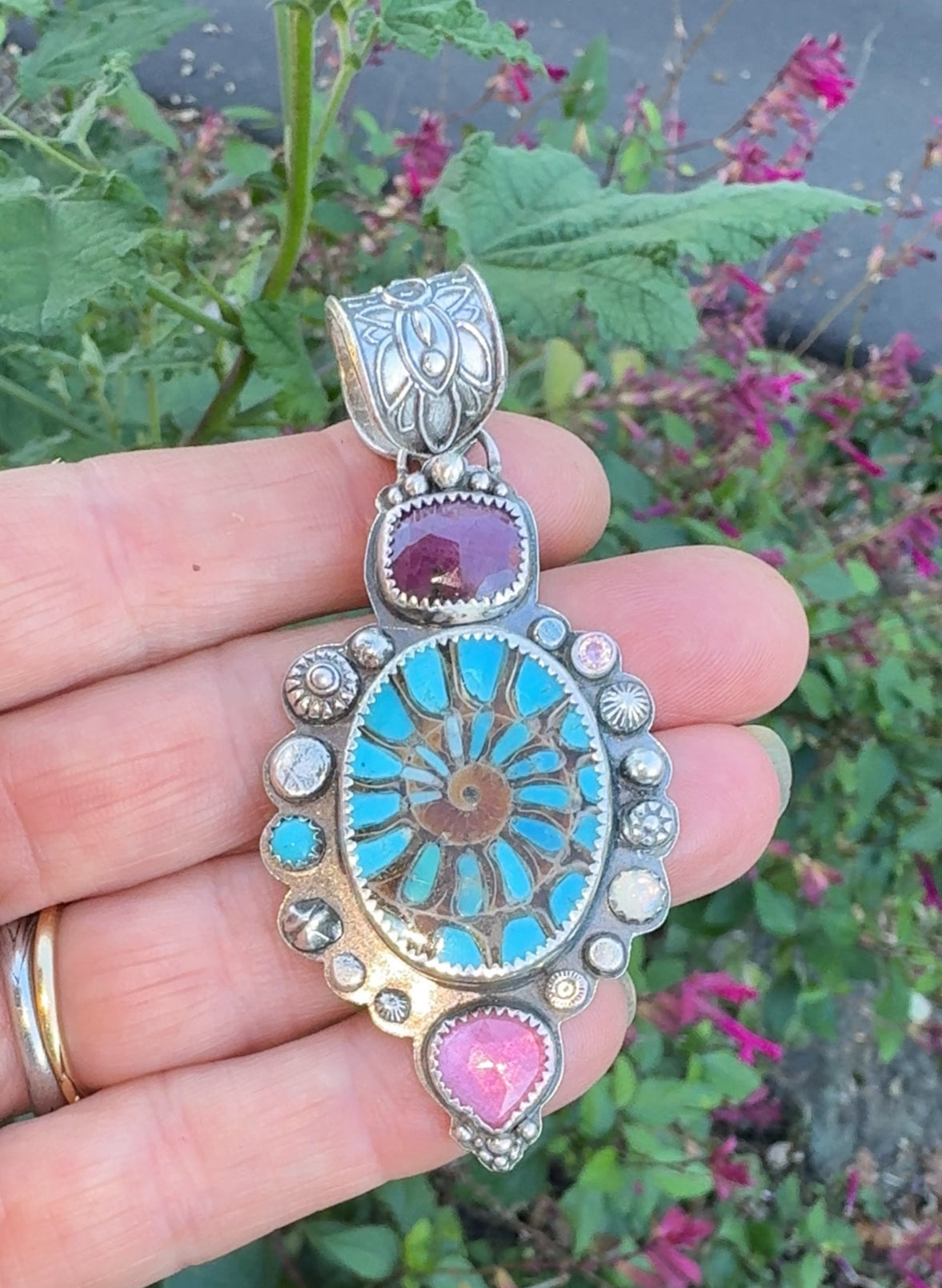 Desert Bloom Necklace - Turquoise Inlay Ammonite Sterling Silver With Sapphires Opal Kunzite Navajo Pearl
