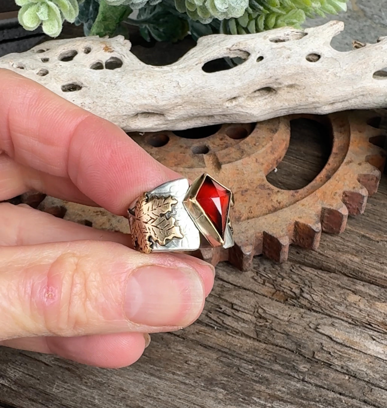 The Fall Equinox Ring - Sterling Silver And 14k Gold-filled Maple Leaves Garnet And Citrine Ring