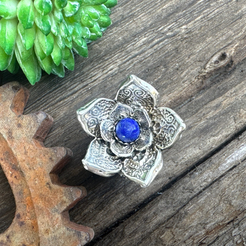 Sterling Lotus Flower Statement Ring with Lapis Center