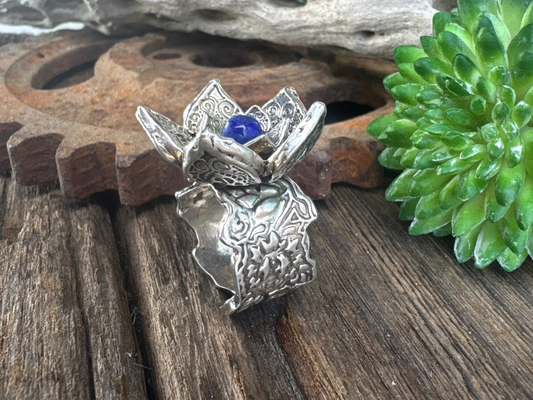 Sterling Lotus Flower Statement Ring with Lapis Center