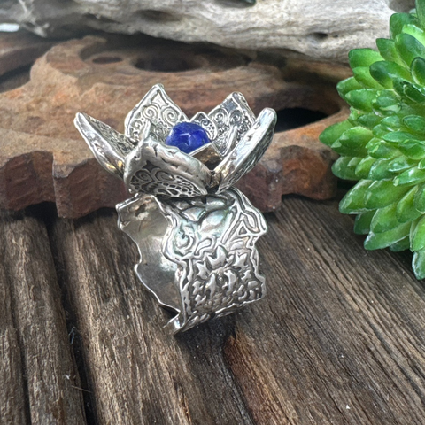 Sterling Lotus Flower Statement Ring with Lapis Center