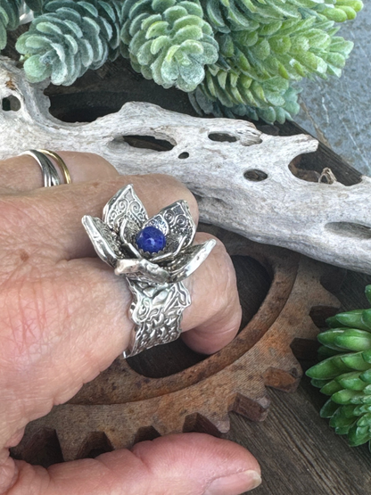 Sterling Lotus Flower Statement Ring with Lapis Center