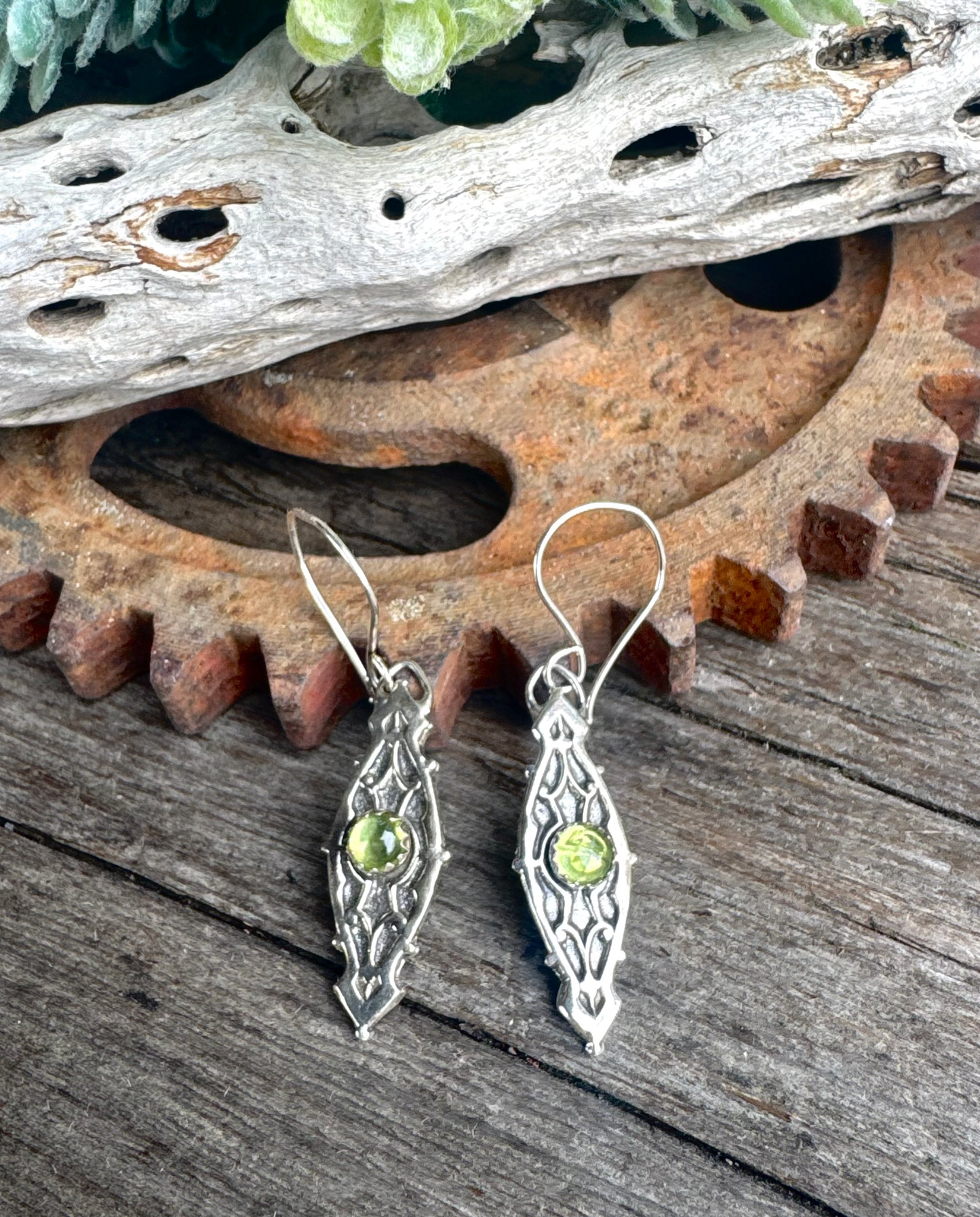 Looking Glass Peridot Earrings - Ornate Sterling Silver And Genuine Peridot Gemstone Dangle Earrings