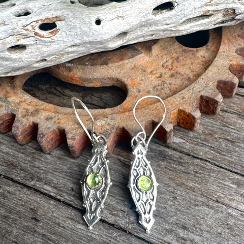 Looking Glass Peridot Earrings - Ornate Sterling Silver And Genuine Peridot Gemstone Dangle Earrings