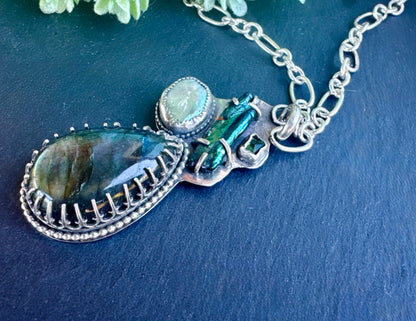 The Mermaid Necklace - Sterling Silver Labradorite, Freshwater Pearls & Green Tourmaline Statement Necklace