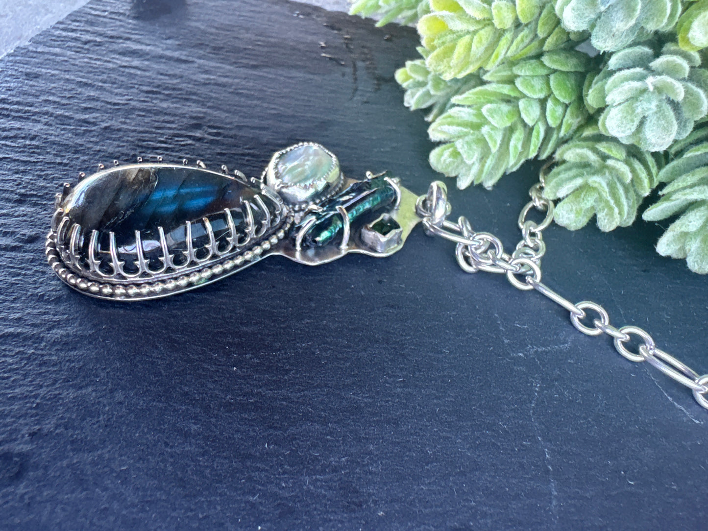 The Mermaid Necklace - Sterling Silver Labradorite, Freshwater Pearls & Green Tourmaline Statement Necklace