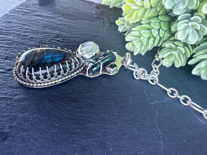 The Mermaid Necklace - Sterling Silver Labradorite, Freshwater Pearls & Green Tourmaline Statement Necklace