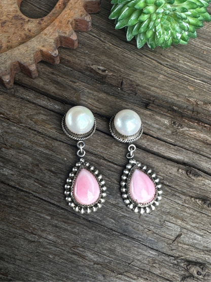 Mermaid's Blush Earrings - Freshwater Pearls Pink Queen Conch Shell Drop Earrings