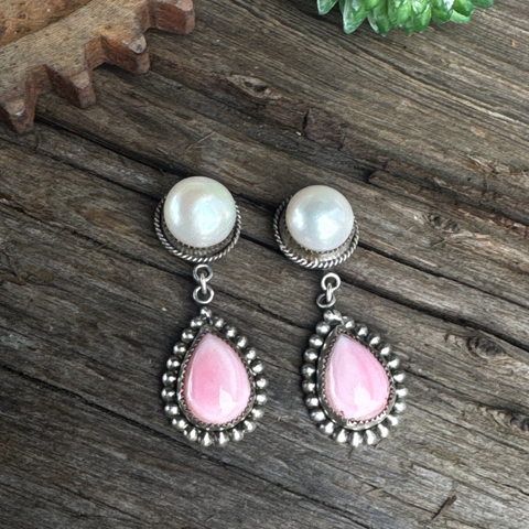 Mermaid's Blush Earrings - Freshwater Pearls Pink Queen Conch Shell Drop Earrings