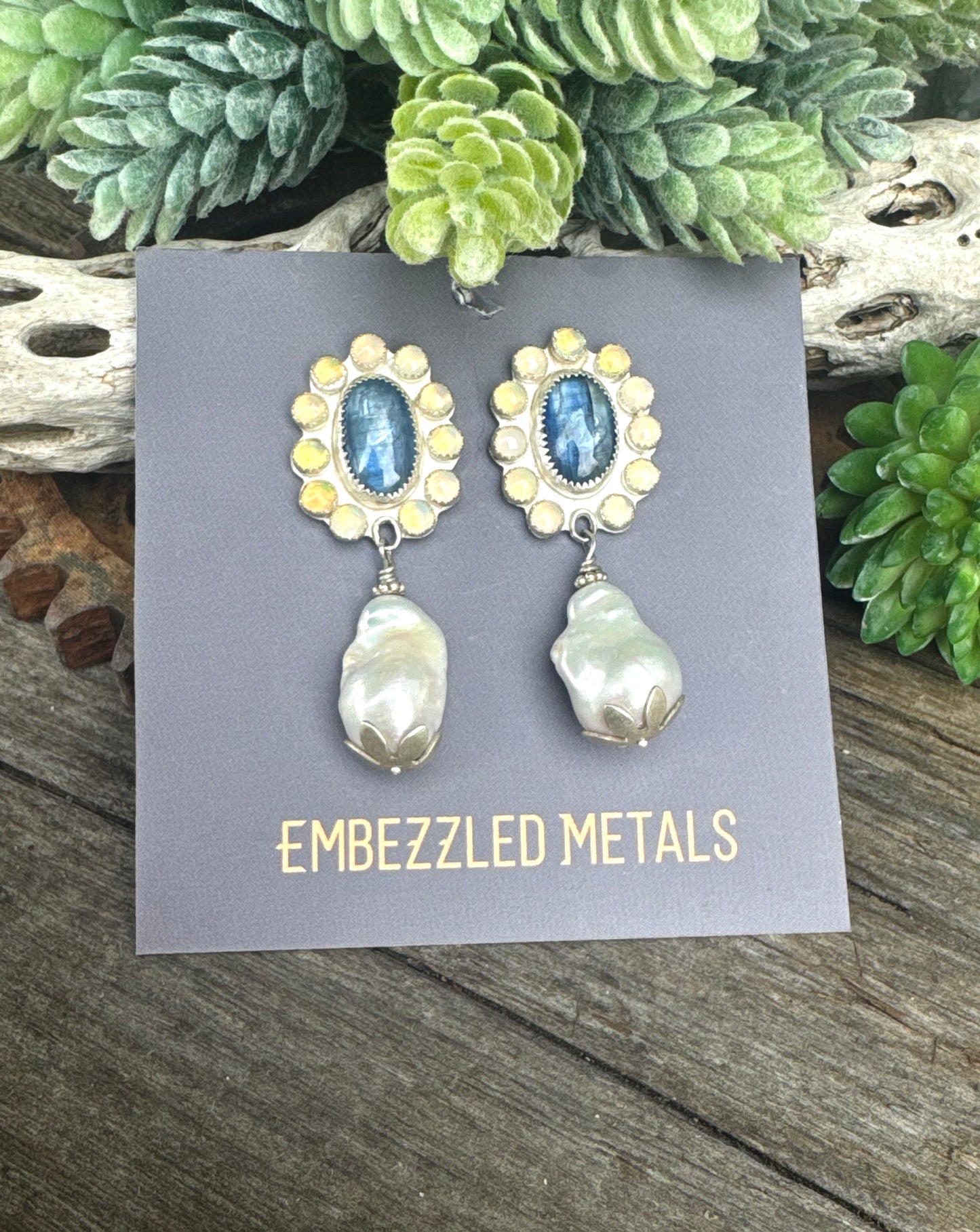 Moonlit Pearl Earrings - Sterling Silver Kyanite Opal And Freshwater Pearl Cluster Post Earrings