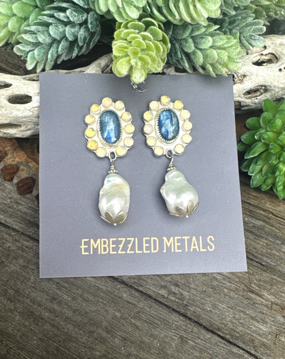 Moonlit Pearl Earrings - Sterling Silver Kyanite Opal And Freshwater Pearl Cluster Post Earrings