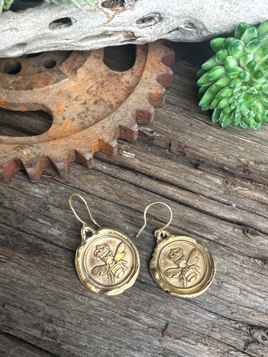 Golden Queen Bee Earrings - Gold Bronze 14k Gold Filled Queen Bee Wax Seal Earrings