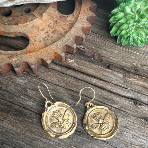 Golden Queen Bee Earrings - Gold Bronze 14k Gold Filled Queen Bee Wax Seal Earrings