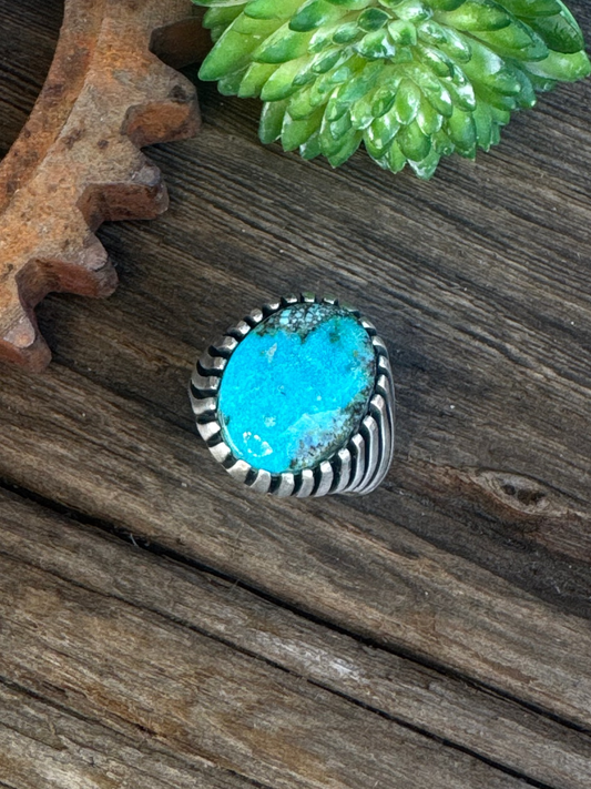 On The Ridge Top Ring - Sterling Silver Kingman Turquoise Swirled Ridge Signet Style Men's Ring