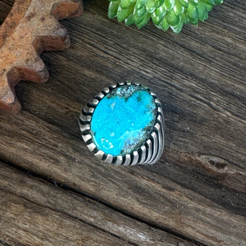 On The Ridge Top Ring - Sterling Silver Kingman Turquoise Swirled Ridge Signet Style Men's Ring