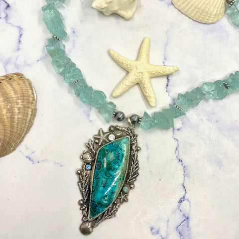Spirit Of The Sea Necklace - Sterling Silver, Raw Aquamarine, Chysocolla With Malachite And Azurite And An Abunance Of Sea Life