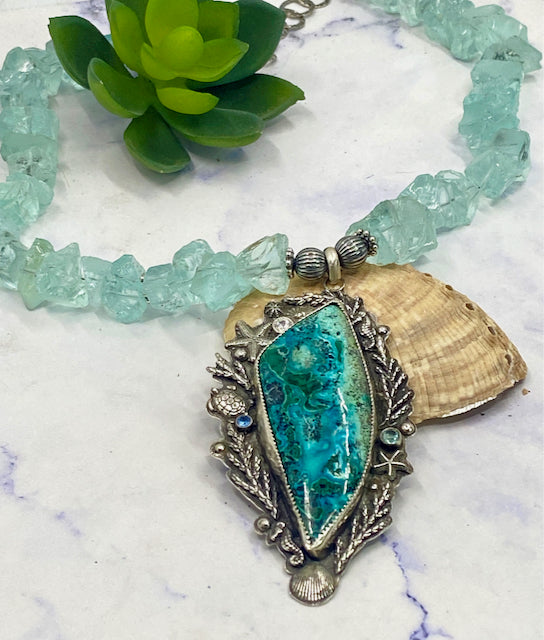 Spirit Of The Sea Necklace - Sterling Silver, Raw Aquamarine, Chysocolla With Malachite And Azurite And An Abunance Of Sea Life