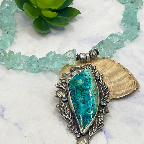 Spirit Of The Sea Necklace - Sterling Silver, Raw Aquamarine, Chysocolla With Malachite And Azurite And An Abunance Of Sea Life