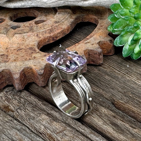 The Emperor Ring - Sterling Silver Emerald Cut Amethyst And Moissonite