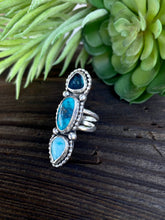 Load image into Gallery viewer, Sterling Silver Triple Stone Totem Ring - Turquoise, Larimar And Kyanite
