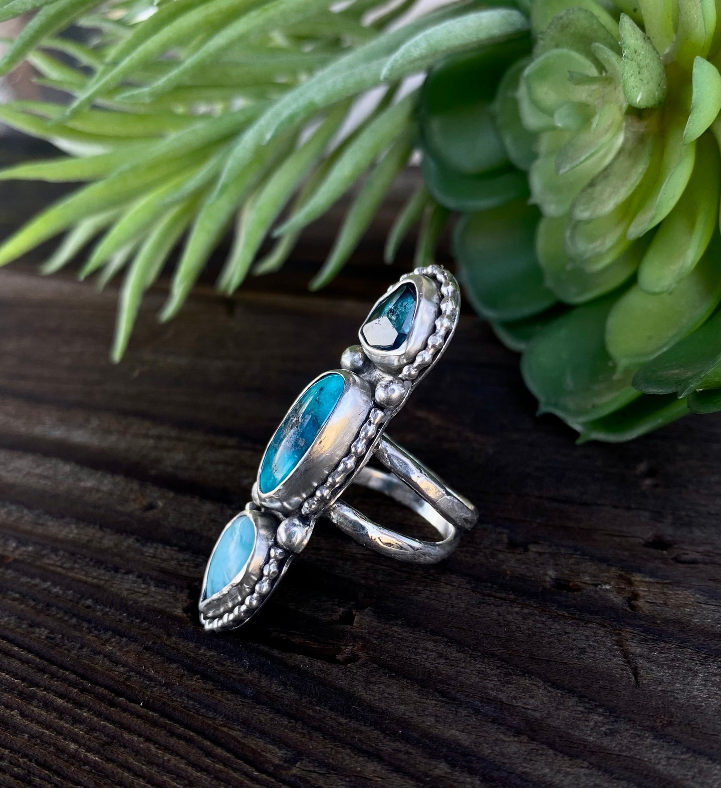 Sterling Silver Triple Stone Totem Ring - Turquoise, Larimar And Kyanite