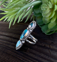 Load image into Gallery viewer, Sterling Silver Triple Stone Totem Ring - Turquoise, Larimar And Kyanite
